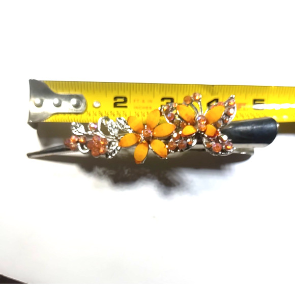 Hair Barrette Clip Large Silver Tone Orange Butterfly Flower Rhinestone - Picture 4 of 8